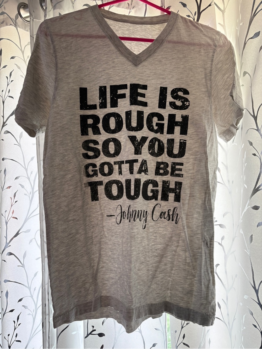 Grey V-Neck Short Sleeve Tee with Bold Black Quote
